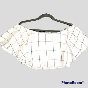 Greylin Womens White & Black Windowpane Print Off Shoulder Crop Top Size Medium